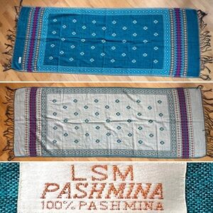 Reversible Aksi Pashmina Wrap/Shawl/Scarf Teal Blue / Vanilla White Geometric